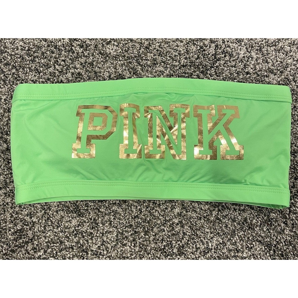 Victoria's Secret PINK Bandeau Bikini Swim Top Neon Green Gold Logo Size Large